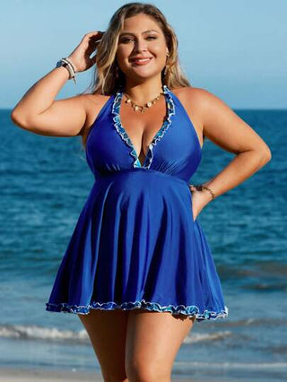 Swim Lushoire مجموعة ملابس سباحة تانكيني مع تزيين شريطي متساقط باللون الأخضر للمقاسات الكبيرة
