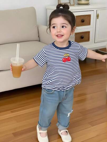 تيشيرتات بناتي قميص قطني مخطط أساسي للصيف للبنات، كم قصير، تصميم ناعم وجذاب بخياطة شرائط الكرز، ألوان بحرية مميزة