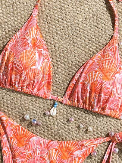Swim Mod مجموعة 2 قطعة لملابس الشاطئ النسائية للصيف - طباعة عشوائية ، قماش نسيج مرقق ، توب حامل على الرقبة ملحق به زخرفة صدفة وسروال بيكيني ربطة الجنب ، بوهيمي للسباحة
