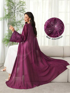 SHEIN Najma عباية إماراتية فتحة أمامية مزينة بتطريز على شكل زهرة، من قماش خفيف مناسب لفصلي الربيع والصيف، ثوب محتشم