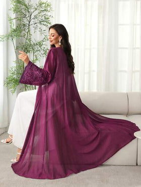 SHEIN Najma عباية إماراتية فتحة أمامية مزينة بتطريز على شكل زهرة، من قماش خفيف مناسب لفصلي الربيع والصيف، ثوب محتشم