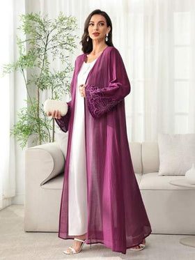 SHEIN Najma عباية إماراتية فتحة أمامية مزينة بتطريز على شكل زهرة، من قماش خفيف مناسب لفصلي الربيع والصيف، ثوب محتشم