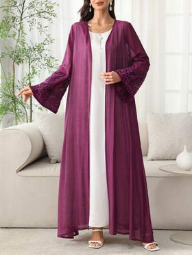 SHEIN Najma عباية إماراتية فتحة أمامية مزينة بتطريز على شكل زهرة، من قماش خفيف مناسب لفصلي الربيع والصيف، ثوب محتشم