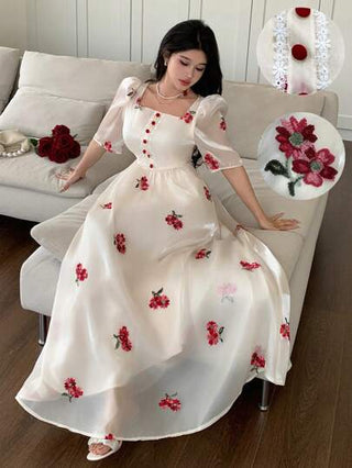 Modelyn فستان نسائي ضيق القصة بأكمام منتفخة وخصر مطوي، مطرز بنقشات زهور صغيرة على رقبة مربعة، مناسب لفصل الربيع والصيف