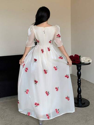 Modelyn فستان نسائي ضيق القصة بأكمام منتفخة وخصر مطوي، مطرز بنقشات زهور صغيرة على رقبة مربعة، مناسب لفصل الربيع والصيف