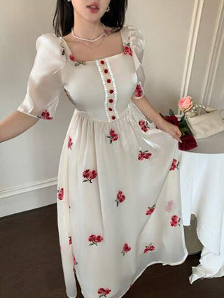 Modelyn فستان نسائي ضيق القصة بأكمام منتفخة وخصر مطوي، مطرز بنقشات زهور صغيرة على رقبة مربعة، مناسب لفصل الربيع والصيف