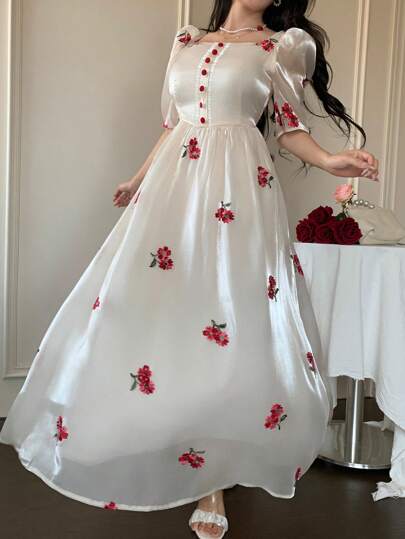 Modelyn فستان نسائي ضيق القصة بأكمام منتفخة وخصر مطوي، مطرز بنقشات زهور صغيرة على رقبة مربعة، مناسب لفصل الربيع والصيف