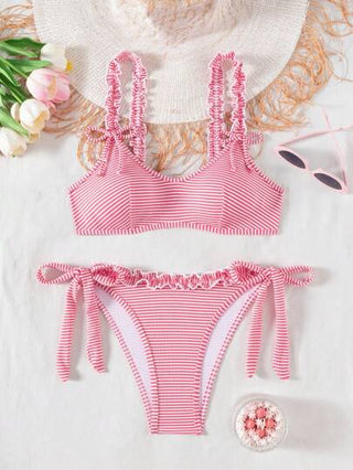 Swim Mod مجموعة بقطعتين بكيني نسائي وردي مخطط ذو فيونكة جذابة، ملابس سباحة رائعة للشاطئ والعطلات الصيفية وحفلات البركة
