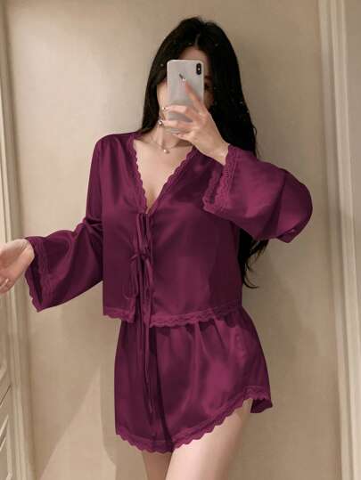 DAZY طقم بيجامة نسائي مكون من ملابس علوية وشورت من الساتان مع تصميم الدانتيل والفيونكة، ملابس خريف وشتاء رومانسية رمضان