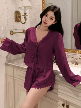 DAZY طقم بيجامة نسائي مكون من ملابس علوية وشورت من الساتان مع تصميم الدانتيل والفيونكة، ملابس خريف وشتاء رومانسية رمضان