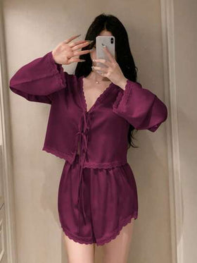 DAZY طقم بيجامة نسائي مكون من ملابس علوية وشورت من الساتان مع تصميم الدانتيل والفيونكة، ملابس خريف وشتاء رومانسية رمضان