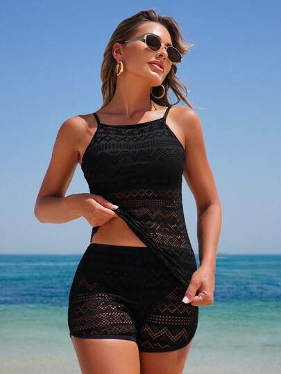 طقم تانكيني حريمي Swim Lushoire طقم ملابس سباحة للنساء بحمالات رفيعة ولوني أسود منقوب، بيكيني منفصل للاستخدام الاعتيادي في العطلات