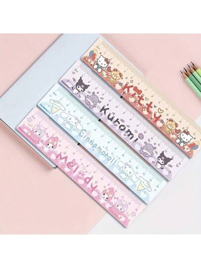 أدوات مكتبية ومدرسية Sanrio 1/4 قطعة مسطرة سانريو ل- Kuromi، ل- My Melody، ل- Cinnamoroll، ل- Hello Kitty، مسطرة متعددة الوظائف بطول 15 سم حاوية على شبكة للرسم والقياس للقرطاسية عالية القيمة