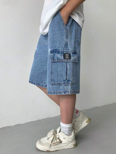 SHEIN ملابس أولاد المراهقين الكاجوال بطراز Y2K الرائع، تصميم جيوب ملابس العمل، شورت جينز فضفاض وناعم للأطفال مريح للاستخدام اليومي وفي فصلي الصيف والربيع، ملابس للحفلات والشاطئ