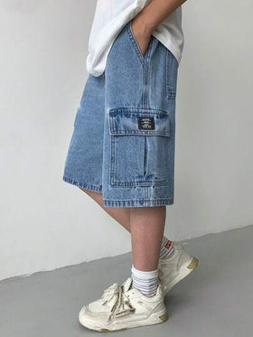SHEIN ملابس أولاد المراهقين الكاجوال بطراز Y2K الرائع، تصميم جيوب ملابس العمل، شورت جينز فضفاض وناعم للأطفال مريح للاستخدام اليومي وفي فصلي الصيف والربيع، ملابس للحفلات والشاطئ