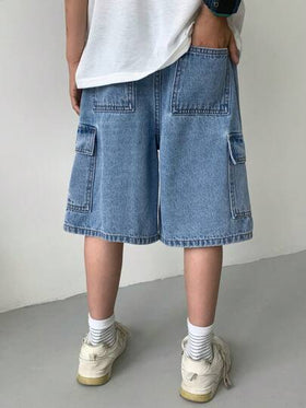 SHEIN ملابس أولاد المراهقين الكاجوال بطراز Y2K الرائع، تصميم جيوب ملابس العمل، شورت جينز فضفاض وناعم للأطفال مريح للاستخدام اليومي وفي فصلي الصيف والربيع، ملابس للحفلات والشاطئ