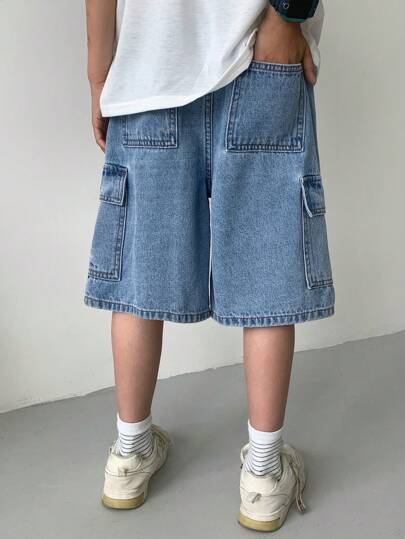 SHEIN ملابس أولاد المراهقين الكاجوال بطراز Y2K الرائع، تصميم جيوب ملابس العمل، شورت جينز فضفاض وناعم للأطفال مريح للاستخدام اليومي وفي فصلي الصيف والربيع، ملابس للحفلات والشاطئ