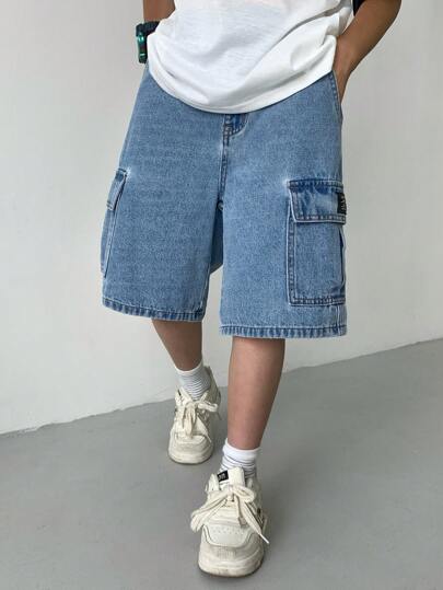 SHEIN ملابس أولاد المراهقين الكاجوال بطراز Y2K الرائع، تصميم جيوب ملابس العمل، شورت جينز فضفاض وناعم للأطفال مريح للاستخدام اليومي وفي فصلي الصيف والربيع، ملابس للحفلات والشاطئ