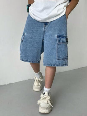 SHEIN ملابس أولاد المراهقين الكاجوال بطراز Y2K الرائع، تصميم جيوب ملابس العمل، شورت جينز فضفاض وناعم للأطفال مريح للاستخدام اليومي وفي فصلي الصيف والربيع، ملابس للحفلات والشاطئ