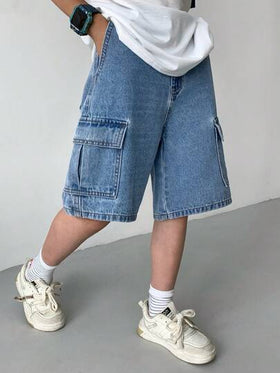 SHEIN ملابس أولاد المراهقين الكاجوال بطراز Y2K الرائع، تصميم جيوب ملابس العمل، شورت جينز فضفاض وناعم للأطفال مريح للاستخدام اليومي وفي فصلي الصيف والربيع، ملابس للحفلات والشاطئ