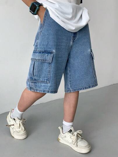 SHEIN ملابس أولاد المراهقين الكاجوال بطراز Y2K الرائع، تصميم جيوب ملابس العمل، شورت جينز فضفاض وناعم للأطفال مريح للاستخدام اليومي وفي فصلي الصيف والربيع، ملابس للحفلات والشاطئ