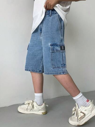 SHEIN ملابس أولاد المراهقين الكاجوال بطراز Y2K الرائع، تصميم جيوب ملابس العمل، شورت جينز فضفاض وناعم للأطفال مريح للاستخدام اليومي وفي فصلي الصيف والربيع، ملابس للحفلات والشاطئ