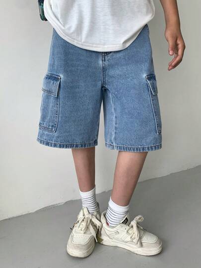 SHEIN ملابس أولاد المراهقين الكاجوال بطراز Y2K الرائع، تصميم جيوب ملابس العمل، شورت جينز فضفاض وناعم للأطفال مريح للاستخدام اليومي وفي فصلي الصيف والربيع، ملابس للحفلات والشاطئ