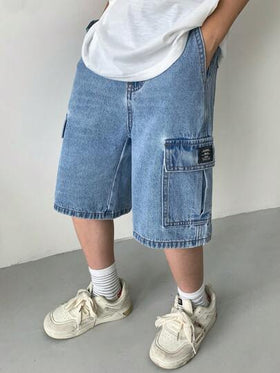 SHEIN ملابس أولاد المراهقين الكاجوال بطراز Y2K الرائع، تصميم جيوب ملابس العمل، شورت جينز فضفاض وناعم للأطفال مريح للاستخدام اليومي وفي فصلي الصيف والربيع، ملابس للحفلات والشاطئ