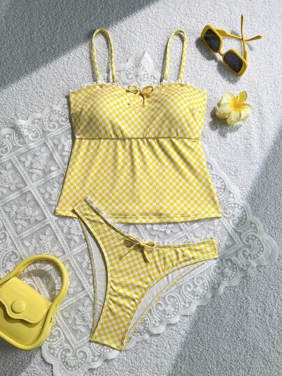 طقم تانكيني حريمي Swim Mod مجموعتان لملابس نسائية للصيف على الشاطئ، ملابس علوية نسيج مخرم بدون أكمام وبكيني ذو نمط منقط