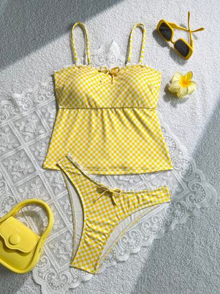 طقم تانكيني حريمي Swim Mod مجموعتان لملابس نسائية للصيف على الشاطئ، ملابس علوية نسيج مخرم بدون أكمام وبكيني ذو نمط منقط