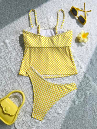 طقم تانكيني حريمي Swim Mod مجموعتان لملابس نسائية للصيف على الشاطئ، ملابس علوية نسيج مخرم بدون أكمام وبكيني ذو نمط منقط