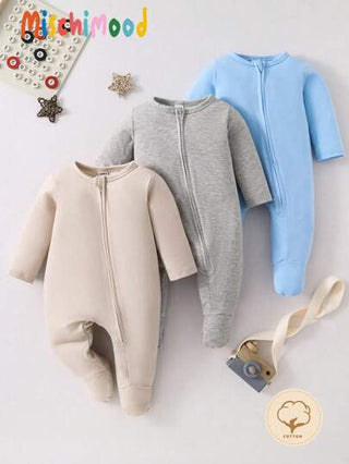 SHEIN مجموعة 3 قطع من بدلات النوم المبطنة للحديثي الولادة ذات الأكمام الطويلة والأرجل بألوان الأزرق والبيج والرمادي