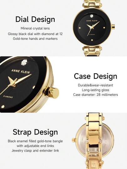Anne Klein ساعة سوار للنساء بإطار ذهبي وأسود مرصعة بالراين ستون، ساعة أنيقة وكاجوال هدية للسيدات، AK/1980BKGB