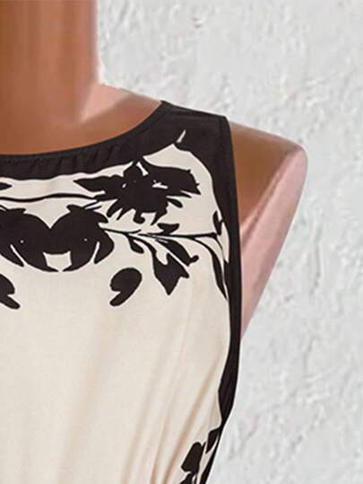 SHEIN Clasi جمبسوت جينز طويلة بطبعات، بدون أكمام، ياقة مستديرة وياقة حمالة، ذات خصر مطبوع مناسبة للسيدات البدينات للاستخدام اليومي والعطلات، بلا أكتاف، كاجوال للعمل، للخروج، بذلات شاملة للسيدات، بطراز المال القديم، ملابس صيفية للسيدات، للعطلات، ملابس صيفي