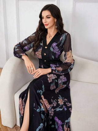فساتين حريمي Modelyn فستان ماكسي مطبوع بنقشات زهور رومانسية، جيب حرف V وأكمام فانوس، خصر إمبراطوري، قماش إلاستيكي شبكي، أنيق لحفلات الحدائق
