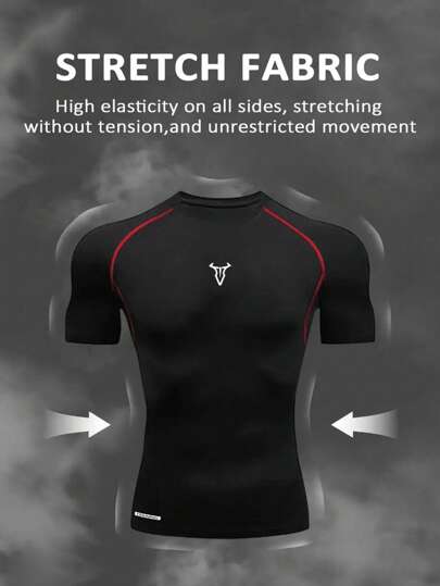 Manfinity Sport Polished تي شيرت رياضي ضيق بطباعة رسومية للرجال، قصير الأكمام بياقة دائرية ، صيفي