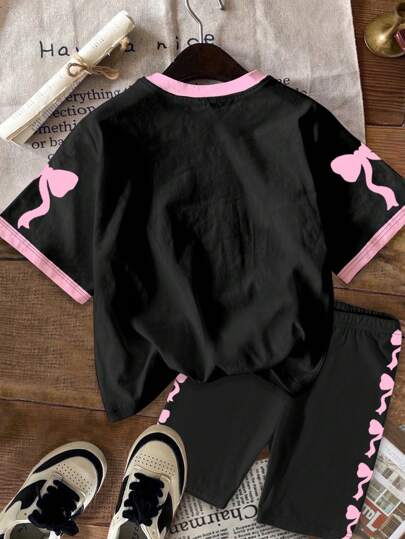 SHEIN مجموعة من قطعتين، توب أكمام قصيرة وشورت، بتصميم بسيط إطار الرقم 23 بطباعة إنجليزية، مناسبة للفتيات والصيف