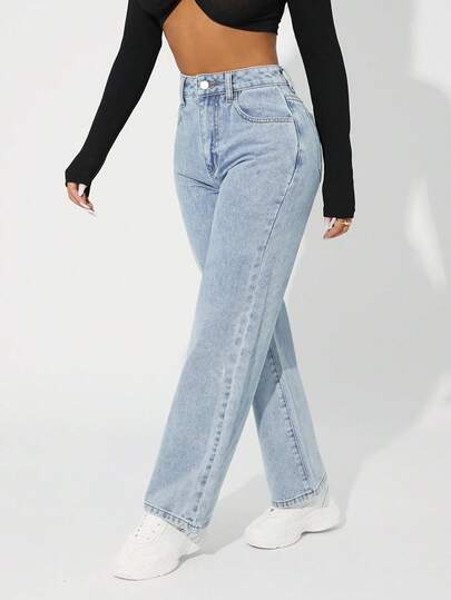 SHEIN PETITE جينز بساق مستقيم خصر عالي