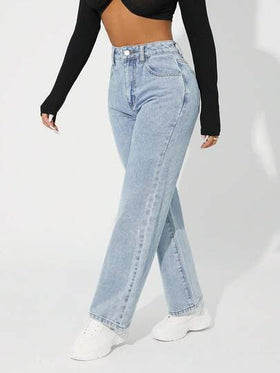 SHEIN PETITE جينز بساق مستقيم خصر عالي