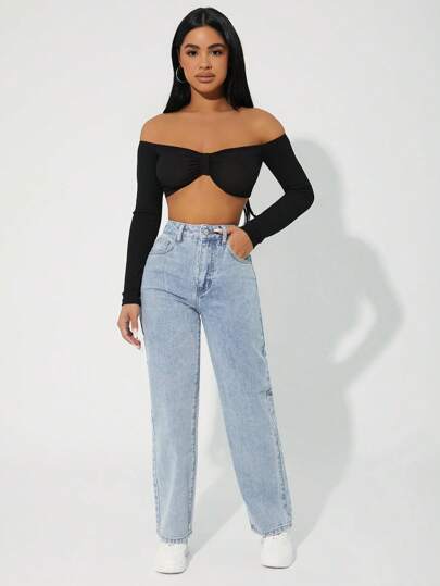 SHEIN PETITE جينز بساق مستقيم خصر عالي
