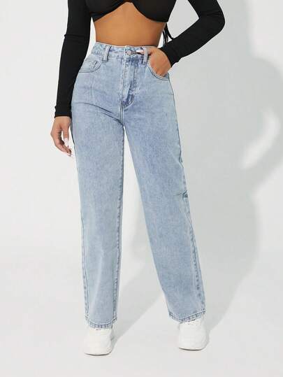 SHEIN PETITE جينز بساق مستقيم خصر عالي