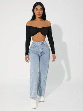 SHEIN PETITE جينز بساق مستقيم خصر عالي