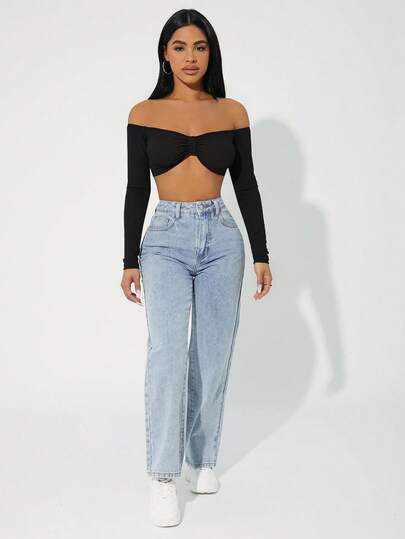 SHEIN PETITE جينز بساق مستقيم خصر عالي