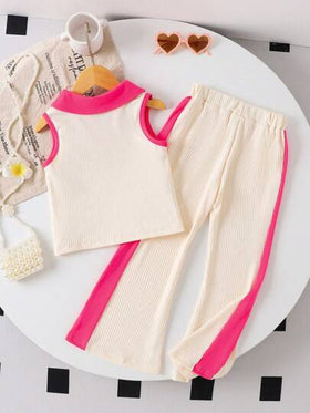 SHEIN Playful Pals 2 قطعة/مجموعة للفتيات تشكيلة 3D من بلوزة بولو مُبَرَمِجَة بألوان متباينة و بنطال مُبَرَمِجٌ جرس قاع، ملابس صيفية