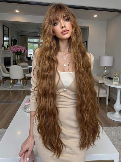 الباروكة الاصطناعية الشعر الطويل بموجات فضفاضة 45 بوصة مع هدب، مقاومة للحرارة، طبيعية مفرقة من الوسط، للتنكر وحفلات البوب وموسيقى الحفلات والزفاف