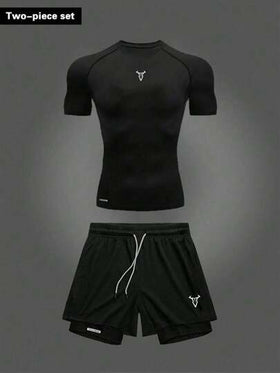 Manfinity Sport Corelite بدلة رياضية رجالية قطعتين، ملابس علوية كم قصير وشورت بسحاب، بدلة رياضية للياقة البدنية والخارجية والعمل الخفيف، ملابس علوية تنفس للصالة الرياضية، بدلة ضاغطة