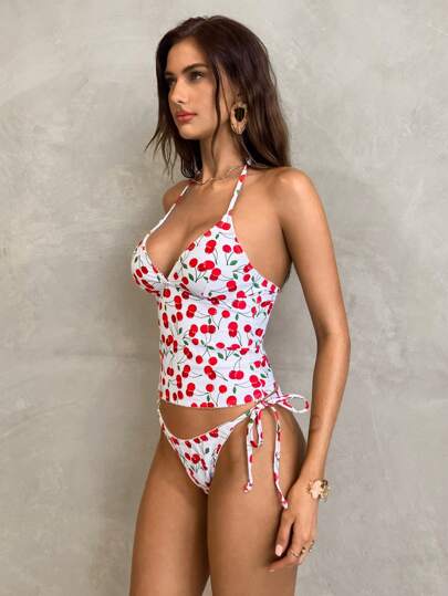 طقم تانكيني حريمي Swim Lushoire البكيني ذو البلورات الشكل المربع مع كرز حلو