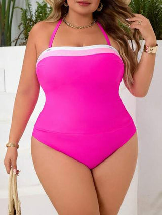 SHEIN CURVE+ بكيني مقاسات كبيرة للنساء مجموعة من قطعتين، قطعة علوية بينية وردية اللون، ملابس سباحة للشاطئ