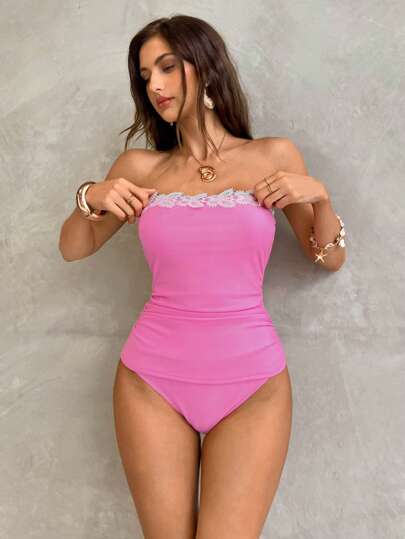طقم تانكيني حريمي Swim Mod مجموعة تانكيني بأعلى من البانديو مزين بالدانتيل والأسفل مثلث