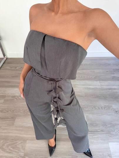 SHEIN Essnce بدلة نسائية للمعلمات تتكون من توب أنبوبي قابل للطي بلون أحادي وبنطال طويل بخصر مزخرف بالزهور، ملابس صيفية نسائية